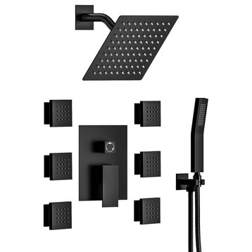 Pressure Balancing 10" Rainfall Shower System with Handheld Spray & 6 Body Jet, Matte Black