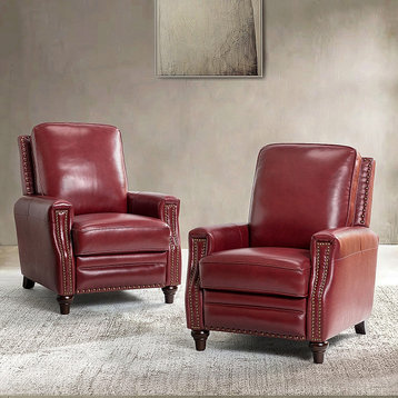 Genuine Leather Recliner With Nailhead Trim Set of 2, Burgundy