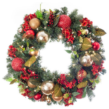 30" Lighted Christmas Wreath Scarlet Hydrangea