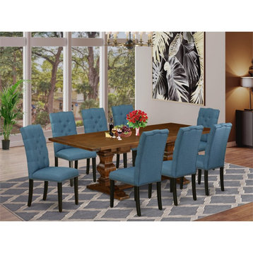 East West Furniture Lassale 9-piece Wood Dining Set in Walnut/Mineral Blue