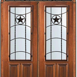 Prehung Transom Double Door 96 Wood Mahogany Texan 2/3 Lite - Front Doors