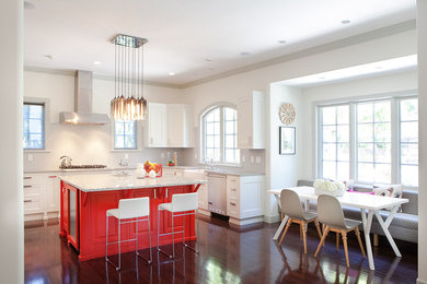 Open concept kitchen - mid-sized contemporary u-shaped dark wood floor and brown floor open concept kitchen idea in San Francisco with a farmhouse sink, shaker cabinets, white cabinets, marble countertops, gray backsplash, stainless steel appliances, an island and gray countertops