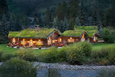Rustic one-story wood exterior home idea in Denver