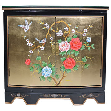Slant Front Gold Leaf Hand-Painted Bird and Flower 2-Door Cabinet
