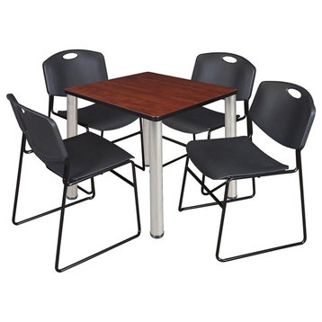 Kee 30" Square Breakroom Table, Cherry/ Chrome and 4 Zeng Stack Chairs, Black
