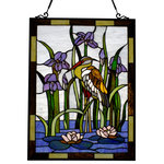 CHLOE Lighting - CHLOE Lighting Crane Tiffany Animal Window Panel - This is a gorgeously designed hanging window panel, featuring a crane walking around in a blue pond, surrounded by water lilies. This would be a beautiful piece to hang in the bathroom / livingroom / diningroom areas. This piece is created from over 250 pieces of hand cut, stained art glass, and 1 glass bead for the eye of the crane. Each glass piece is wrapped in a fine copper foil, and soldered together at high heat. It is hand created using the same technique developed by Louis Comfort Tiffany in the early 1900's. Each panel is unique, and is sure to catch everyone's eye with it's gorgeous colors.