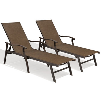 Outdoor Patio Aluminum Adjustable Chaise Lounge Chair with Arms (Set of 2), Brown