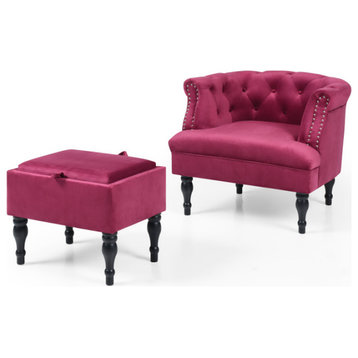 Set of Upholstered Velvet Accent Chair and Storage Ottoman, Fuchsia