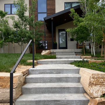 Mountain inspired minimalist boulder retaining walls and plantings.