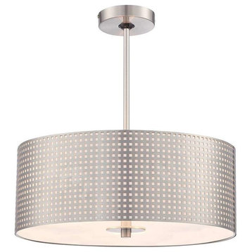 Grid 3-Light Drum Pendant, Brushed Nickel With Brushed Nickel Glass