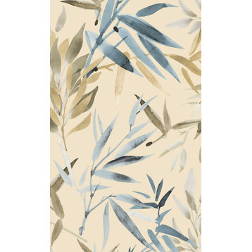 Textured Bamboo Leaves Tropical Wallpaper, Blue Lake, Sample