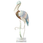 HS Seashells - Wading Stork with Inlaid Capiz Shell 17.75x7x3" - Calmly wading, this eye-catching stork is a welcome addition to any home or office!  Inlaid with glistening natural capiz shell, the metal art stands at 19" tall and its subtle colors of blue, brown and cream fit into almost any decor.  Facing to the left, this stork looks great alone or with its right-facing larger counterpart (sold separately).  Makes a great gift!