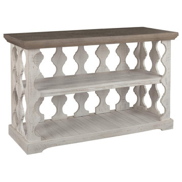 Farmhouse Console Table, Trellis Patterned Cut Out Body, Weathered White/Gray