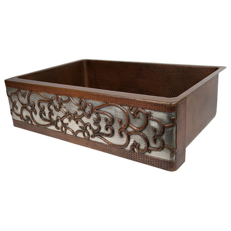 33" Hammered Copper Single Basin Sink With Scroll, Apron Front Nickel