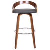 Sonia Swivel Faux Leather and Wood Stool, Gray and Walnut, Bar Height 30"