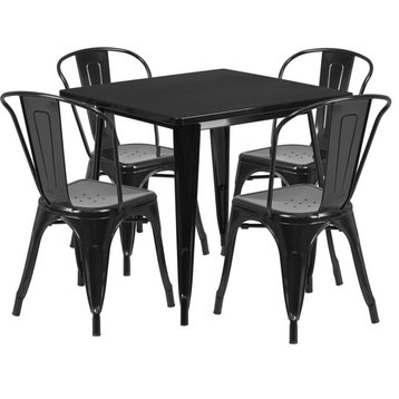 31.5'' Square Black Metal Indoor-Outdoor Table Set With 4 Stack Chairs