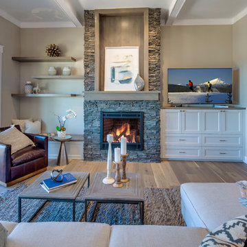 Living room with stone fireplace, Bend, Oregon