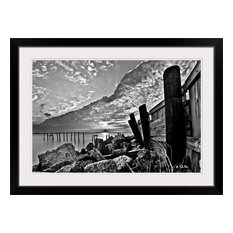 "Black And White Broken Sea Wall Sunset Cloud Wave" Black Framed Art Print, 3