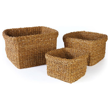 Seagrass Square Baskets With Cuffs, Set of 3
