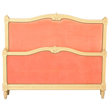 Consigned 1920 French Bed Full-Sized Louis XVI  Cream Wood  Pink Silk Velvet