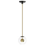 ET2 - Nucleus LED Pendant, Black / Natural Aged Brass - Three sizes of thick Clear glass orbs are suspended displaying a small aluminum sphere encompassed within. Discretely recessed dedicated LED provides ample lighting without glare. Branching out from a central structural column the striking Black and Satin Brass combination an additional LED light source directs light downward. These atomically inspired fixtures are sure to make a statement.