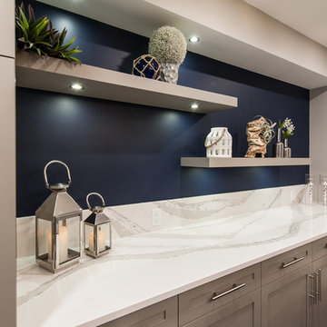 A basement with a hue of blue and sparkle