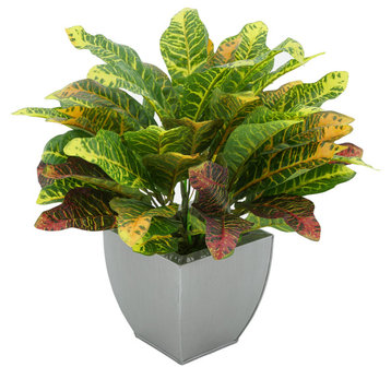 Faux Croton Houseplant in Tapered Zinc Pot, Silver