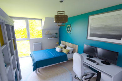 Foto de habitación de invitados marinera de tamaño medio con paredes azules, suelo de linóleo y suelo beige
