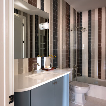 Long Beach Bathroom - Playful - Tiled Walls - Blue Vanity - Guest Bathroom