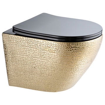 Luxury Round Wall-Mount Toilet Rimless Flushing Ceramic, Gold/Black