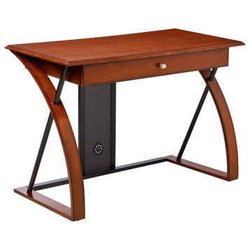 Unique Desk, Curved Legs With Black Accents & Pull Out Keyboard Tray, Medium Oak