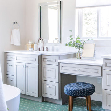 New Traditional Vanity with Blue Bathroom Floor Tile