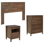 OSP Home Furnishings - Stonebrook 3 Piece Bedroom Set, Classic Walnut Finish, Classic Walnut - Create the perfect bedroom or guest room with our Stonebrook bedroom set. Suite includes: One Queen/full headboard, one USB powered nightstand, one 4-drawer chest. Deep drawers make putting even bulky folded items away easy. Chest and nightstand drawers have sturdy metal drawer glides with safety stops, elevating these dressers to a bedroom favorite for years to come. Achieve a chic, modern, aesthetic with either a blonde or deep walnut woodgrain finish that will fit in effortlessly with popular styles like Rustic Coastal, Modern Farmhouse or an eclectic Boho vibe. Assembly required. 4- Drawer Dim- 31.25" W x 17.5" D x 41.25" H, Nightstand dim- 18.5" W x 18" D x 24.75" H, Queen/Full Headboard dim- 67" w x 3" D x 48.25" H