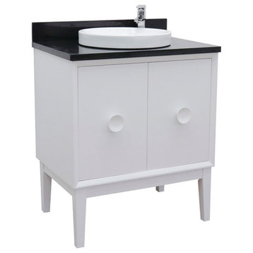 31" Single Vanity, White Finish With Black Galaxy Top And Round Sink
