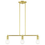 Livex Lighting - Lansdale 3 Light Satin Brass Linear Chandelier - Simplicity and attention to detail are the key elements of the Lansdale collection.  The dimensional form, exposed bulbs and combination of finishes adds a playful mood to a contemporary or urban interior. This three light linear chandelier design gives a new face to any interior.  It is shown in a satin brass finish.