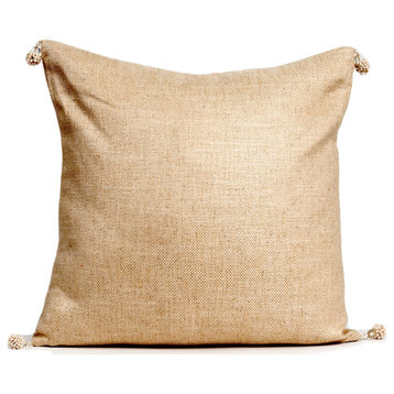 Beige luxurious pillow cover with corner tassels decorative trim, 24x24