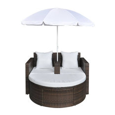 vidaXL Patio Lounge Set Poly Rattan Brown Sunbed Parasol Garden Seat Umbrella