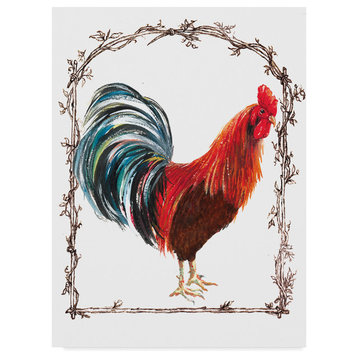 "Rooster Bright Twig Border" by Sher Sester, Canvas Art, 32"x24"