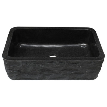 Single Bowl Kitchen Sink, Black Granite With Natural Chiseled Apron