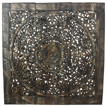 Haussmann Teak Lotus Panel Inlay 36 in x 36 in Black Stain Wax