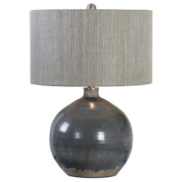 Elegant Fat Charcoal Gray Brown Table Lamp, Round Sphere Earth Tones