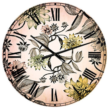 Hand Drawn Summer Flowers Floral Round Metal Wall Clock, 23x23