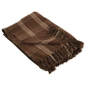 Recycled Cotton Blend Throw Blanket, Blue Plaid, Brown