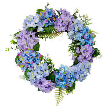 24" Blue And Purple Hydrangea Wreath On Natural Twig Base