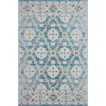 Faded Floral Transitional Boho Woven Indoor Outdoor Rug, 7'9"x9'9"