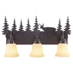 Vaxcel - Bryce Bronze Rustic Bathroom Wall Fixture, Deer, 3-Light - Evoking the spirit of the wilderness, this rustic themed light is clad in a burnished bronze finish and features silhouetted deer imagery atop glowing amber flake glass. The classic form of this lamp makes it a great choice for a vacation lodge, cabin or a suburban home - it will complement a variety of home styles: anywhere you want to bring an element of nature. Medium screw base lamping provides maximum light output, and flexibility in bulb choice.