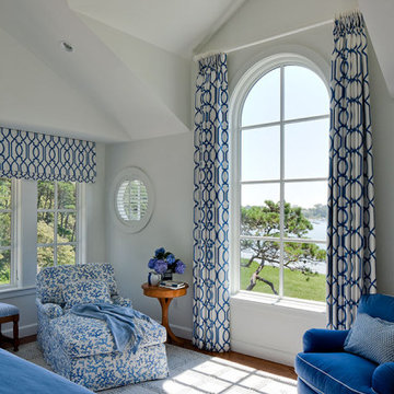 Blue & White Master Bedroom with Large Window Overlooking Harbor - Salt Pond Tee