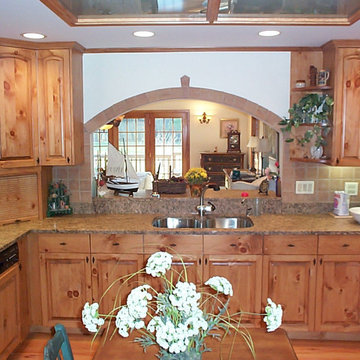 therapy lighting with knotty pine wood cabinetry