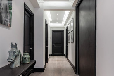 Modelo de recibidores y pasillos minimalistas de tamaño medio con paredes blancas, suelo de madera en tonos medios, suelo gris, bandeja y iluminación