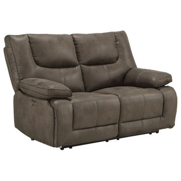 Power Motion Reclining Leatherette Loveseat With Pillow Top Armrests, Brown